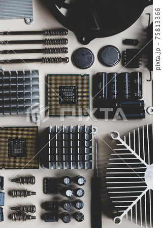 Computer and laptop hardware. PC parts top view. Repair, assembly, engineering concept. Computer and laptop hardware. PC parts top view. Repair, assembly, engineering concept. 75813366