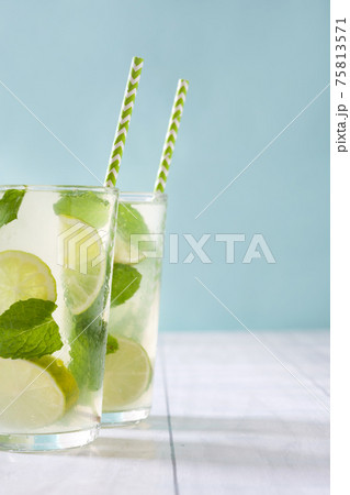 Fresh mojito with lime and mint on white wooden table Fresh mojito with lime and mint on white wooden table 75813571
