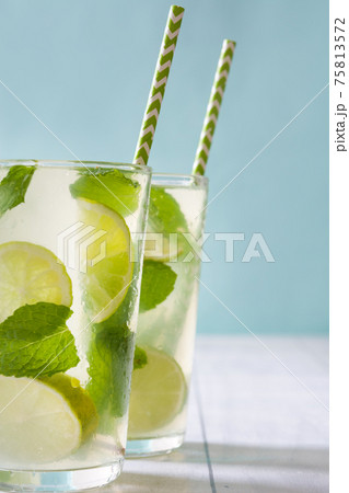 Fresh mojito with lime and mint on white wooden table Fresh mojito with lime and mint on white wooden table 75813572