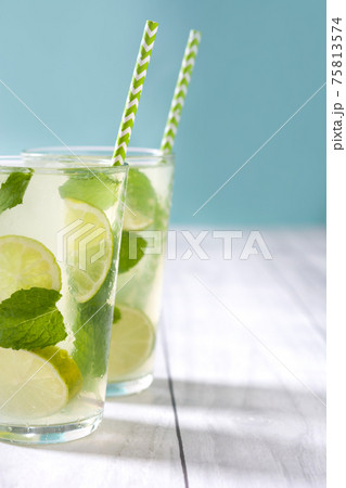 Fresh mojito with lime and mint on white wooden table Fresh mojito with lime and mint on white wooden table 75813574
