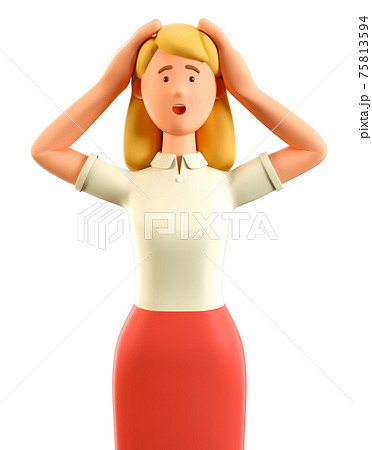 3D illustration of confused blonde woman with open mouth clutching her head and panicking. 3D illustration of confused blonde woman with open mouth clutching her head and panicking. 75813594