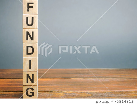 Wooden block with the word Funding. The concept of providing financial resources to organizations and enterprises. Credit, donations, taxes, grants, savings and subsidies. Business and finance 75814313