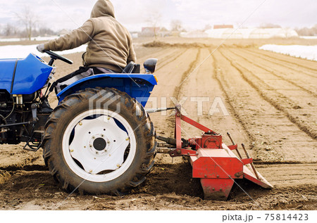 Farmer on a tractor with milling machine loosens, grinds and mixes soil. Loosening the surface, cultivating the land for further planting. Farming and agriculture. Cultivates the soil. Plows a field. 75814423