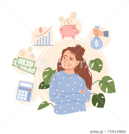 Salary increase concept. Finance control, income increment wages rise. Flat young business woman character dreams about pay money revenue earning profit growth Cartoon salary raise illustration Salary increase concept. Finance control, income increment wages rise. Flat young business woman character dreams about pay money revenue earning profit growth Cartoon salary raise illustration 75814860