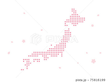 日本地図 簡略ドットイラスト 桜マーク 春イメージ、全国お花見日和 75816199