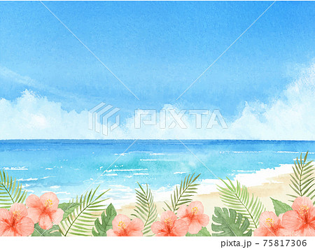海とハイビスカスと青空　夏の背景　水彩イラスト 75817306