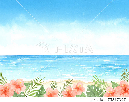 海とハイビスカスと青空 夏の背景 水彩イラストのイラスト素材