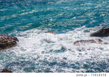 Sea waves of dark water beat against the coastal rocks. An infinite number of splashes, drops of water and white foam are scattered. 75818358