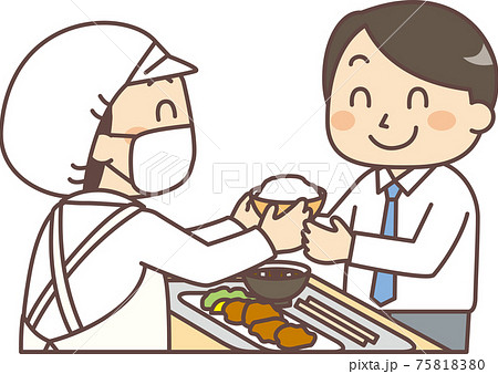 男性会社員にお茶碗を渡す調理師・栄養士 男性会社員にお茶碗を渡す調理師・栄養士 75818380