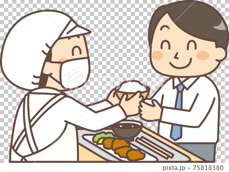 男性会社員にお茶碗を渡す調理師・栄養士 男性会社員にお茶碗を渡す調理師・栄養士 75818380