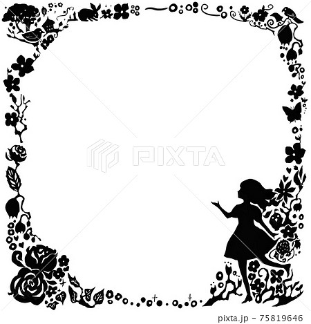 花と女の子がいる白黒のシルエットのフレームのイラスト 正方形のイラスト素材
