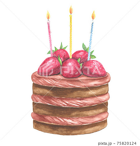 誕生日ケーキ ロウソク3本付き 手描き水彩画 のイラスト素材