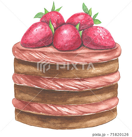 苺とチョコレートの誕生日ケーキ 手描き水彩画 のイラスト素材