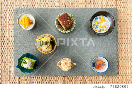 Assorted Thai Desserts made from coconut milk and egg. top view Assorted Thai Desserts made from coconut milk and egg. top view 75820395