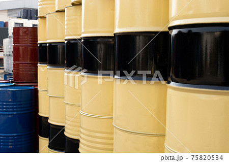 New Steel Barrel, blue oil tank stack many drum in Toxic waste 75820534