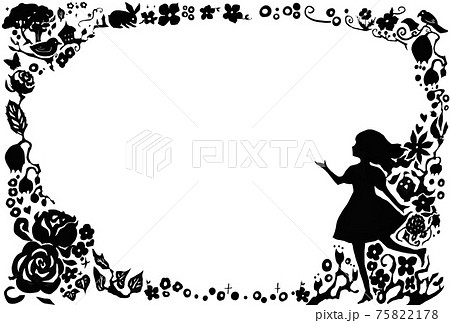 花と女の子がいる切り絵の黒いシルエットのフレームのイラスト 横のイラスト素材