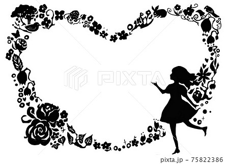 ハート型の花と女の子の黒のシルエットのかわいいフレームイラスト 横のイラスト素材