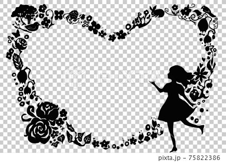 ハート型の花と女の子の黒のシルエットのかわいいフレームイラスト 横のイラスト素材