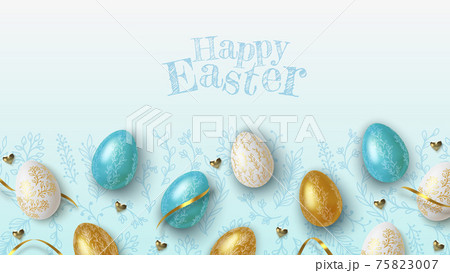 Easter greeting background with realistic golden, blue and white Easter eggs. Vector illustration 75823007
