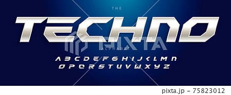 Techno Futurism alphabet, slant modern font. Steel type for modern tech logo, headline of game, car, speed auto race typography. Sport dynamic letters design, vector typographic design 75823012