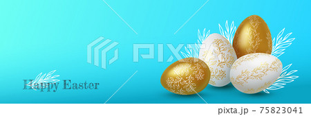 Realistic Gold and white easter eggs with flower ornaments on blue background. Vector illustration. 75823041