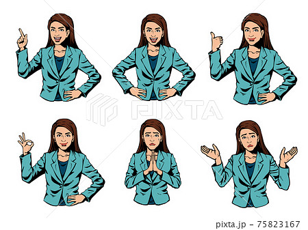アメコミ風日本人女性 ビジネス女性 ハンドサイン ポーズセットのイラスト素材