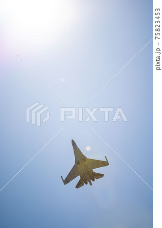 Russia, Khabarovsk - May 9, 2020: Su-35S multi-functional fighter of generation 4 . Parade in honor of victory. Military air parade in honor of Victory Day. Russia, Khabarovsk - May 9, 2020: Su-35S multi-functional fighter of generation 4 . Parade in honor of victory. Military air parade in honor of Victory Day. 75823453