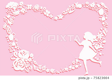 ハートの花と少女のかわいいピンクのフレームイラスト 横のイラスト素材