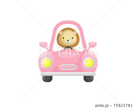 Cute little lion driving pink car. Cartoon character for childrens book, album, baby shower, greeting card, party invitation, house interior. Vector stock illustration. Cute little lion driving pink car. Cartoon character for childrens book, album, baby shower, greeting card, party invitation, house interior. Vector stock illustration. 75823781