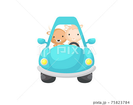 Cute little yak and alpaca driving turquoise car. Cartoon character for childrens book, album, baby shower, greeting card, party invitation, house interior. Vector stock illustration. 75823784