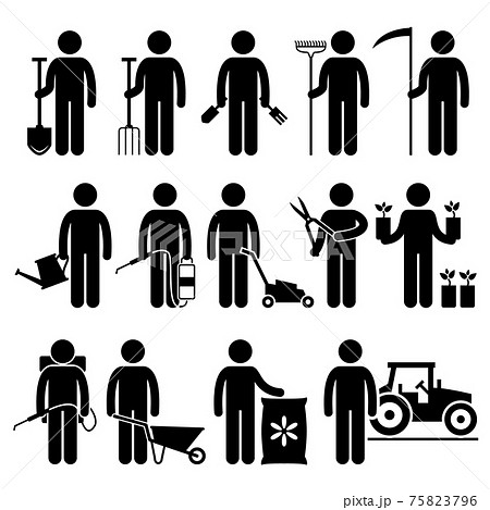 Gardener Man Worker using Gardening Tools and Equipments Stick Figure Pictogram Icons.  75823796