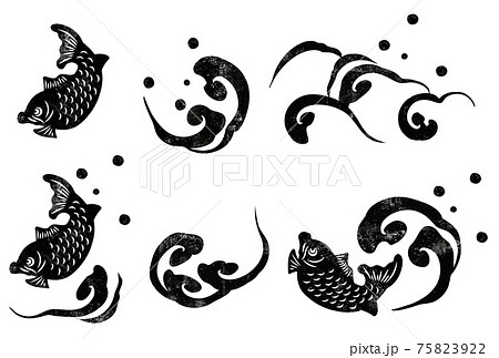 水墨画風の津波と鯛のベクターイラスト素材セット 75823922