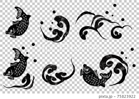 水墨画風の津波と鯛のベクターイラスト素材セット 75823922