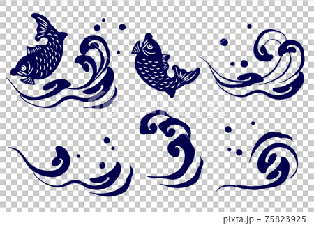 水墨畫風格海嘯和鯛矢量插圖素材集 水墨畫風格海嘯和鯛矢量插圖素材集 75823925