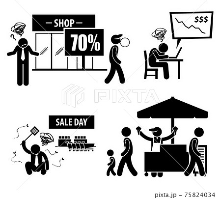 Bad Poor Business Day Stick Figure Pictogram Icons. A set of human pictogram representing a sad business owner. His business is poor with no sales. 75824034