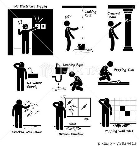 Broken House Old Building Problems Stick Figure Pictogram Icons.  75824413