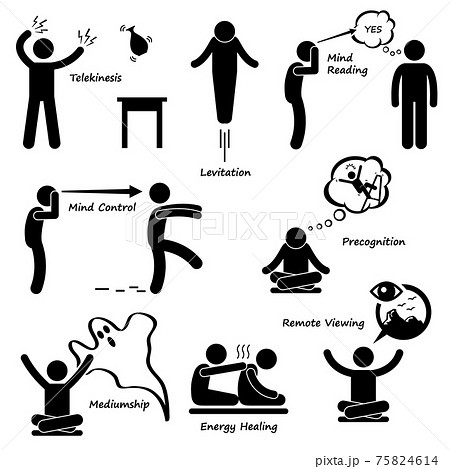 Psychic Power Sixth Sense Stick Figure Pictogram Icon. A set of human pictogram representing the psychic abilities or six sense power of a man. 75824614