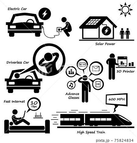 Advanced Technology of the Future Stick Figure Pictogram Icon. Electric car, driverless car, solar power energy, advanced glasses, 3d printer, and fast internet. 75824834