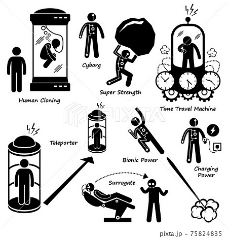 Far Future of Human Technology Science Fiction Stick Figure Pictogram Icon Cliparts. Technology of human in the far future - human cloning, bionic man, time travel machine, teleporter, and surrogate. 75824835
