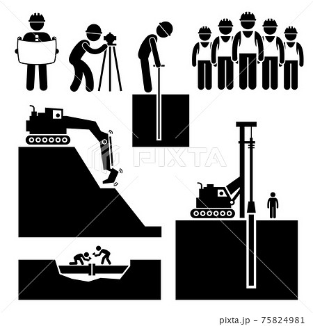 Construction Civil Engineering Earthworks Worker. Construction workers reading architecture plan, surveying, stabilizing slope with excavator, piling with rig, and fixing pipe. Construction Civil Engineering Earthworks Worker. Construction workers reading architecture plan, surveying, stabilizing slope with excavator, piling with rig, and fixing pipe. 75824981