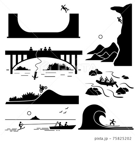 Extreme Sports - Skateboarding, Rock Climbing, Bungee Jumping, Motocross, White Water Rafting, Skurfing, Surfing - Stick Figure Pictogram Icons Cliparts.  75825202