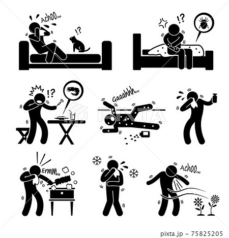 Allergy Reactions of Animal Food Environment on Human Stick Figure Pictogram Icon Cliparts. Man allergy to cat, dust mites, prawn, medicine, perfume, dust, cold, and pollen. Allergy Reactions of Animal Food Environment on Human Stick Figure Pictogram Icon Cliparts. Man allergy to cat, dust mites, prawn, medicine, perfume, dust, cold, and pollen. 75825205