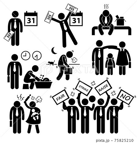 Worker Employee Income Salary Financial Problem Stick Figure Pictogram Icon Cliparts. A set of human pictogram representing an employee having ups and downs during his working life. 75825210