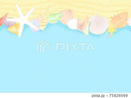 海と砂浜と貝殻の背景フレームのイラスト素材