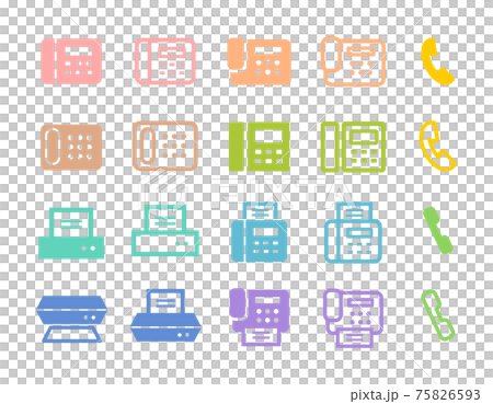 電話 ファックス スキャナー プリンターなどのアイコンセット ピンク オレンジ 緑 青などのイラストのイラスト素材