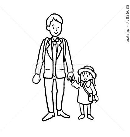 手を繋ぐ親子の線画イラスト お父さんと娘のイラスト素材 7566