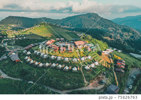 Aerial view of camping grounds and tents on Doi Mon Cham mountain in Mae Rim, Chiang Mai province 75826763