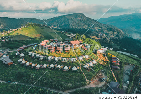 Aerial view of camping grounds and tents on Doi Mon Cham mountain in Mae Rim, Chiang Mai province 75826824
