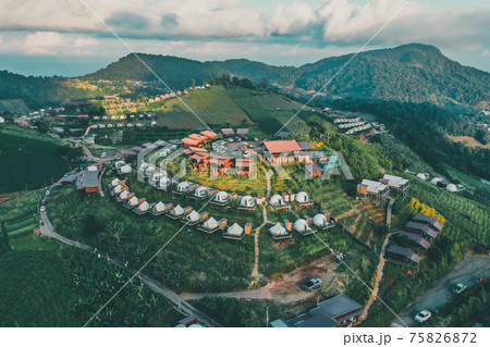 Aerial view of camping grounds and tents on Doi Mon Cham mountain in Mae Rim, Chiang Mai province 75826872