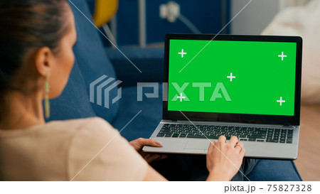 Woman sitting on couch in cozy living room working on laptop computer 75827328